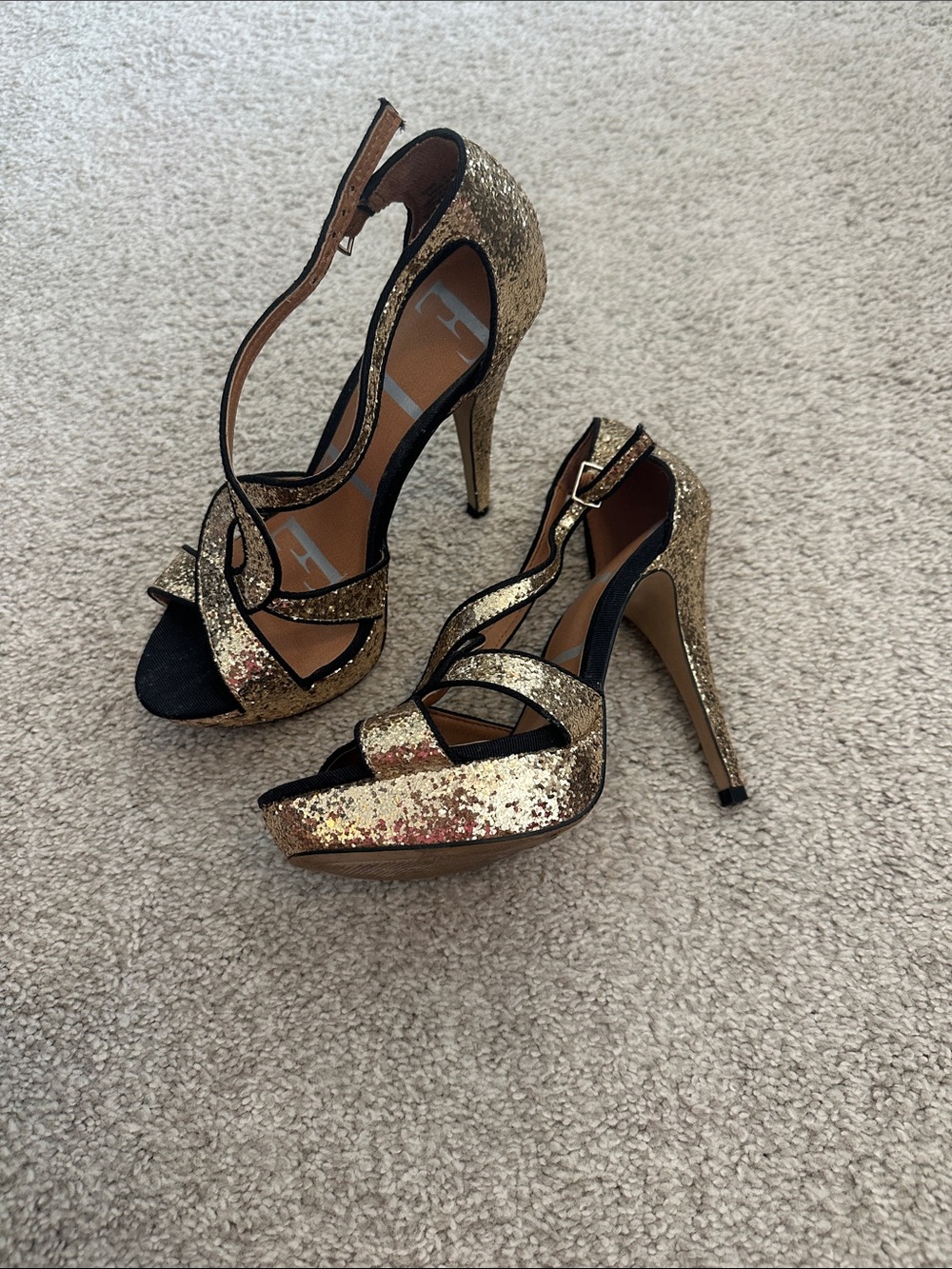 Gold Glitter High Heel Sandals with Ankle Strap size 6